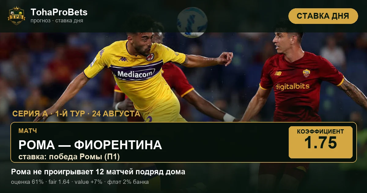 Обложка ставки дня — победа Ромы над Фиорентиной в 1-м туре Серии А за 1.75