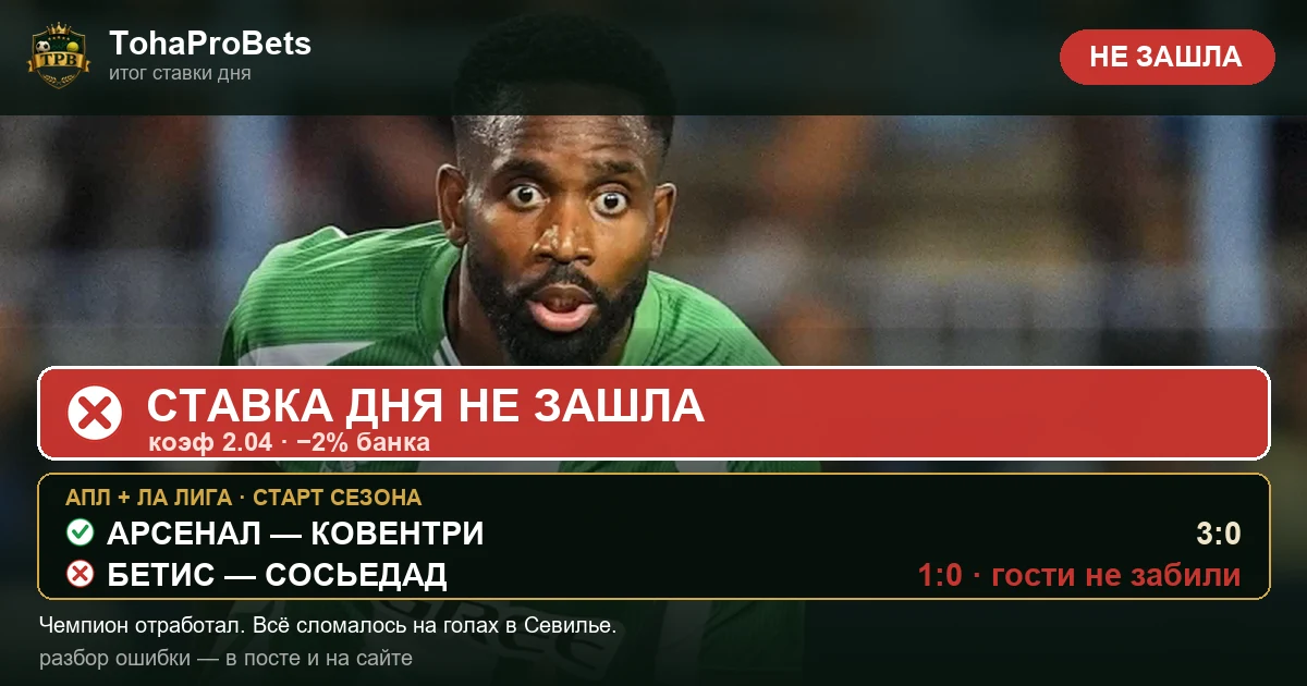 Итог ставки дня за 21 августа — Арсенал обыграл Ковентри 3:0, но в матче Бетиса с Сосьедадом гости не забили, экспресс не зашёл