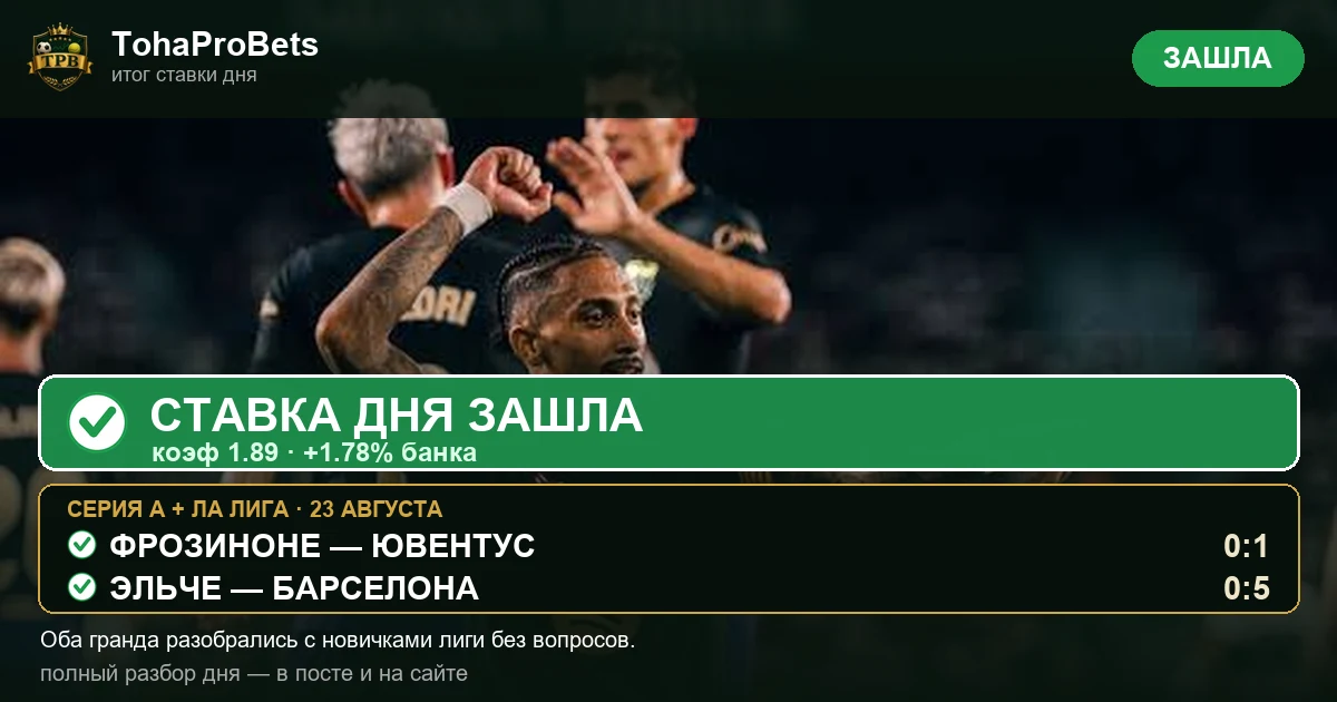 Итог ставки дня за 23 августа — Ювентус обыграл Фрозиноне 0:1, Барселона разгромила Эльче 0:5, экспресс зашёл